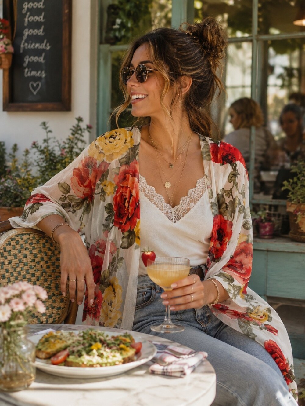 #40 Floral Sheer Kimono Jacket - White with Red & Yellow Blooms